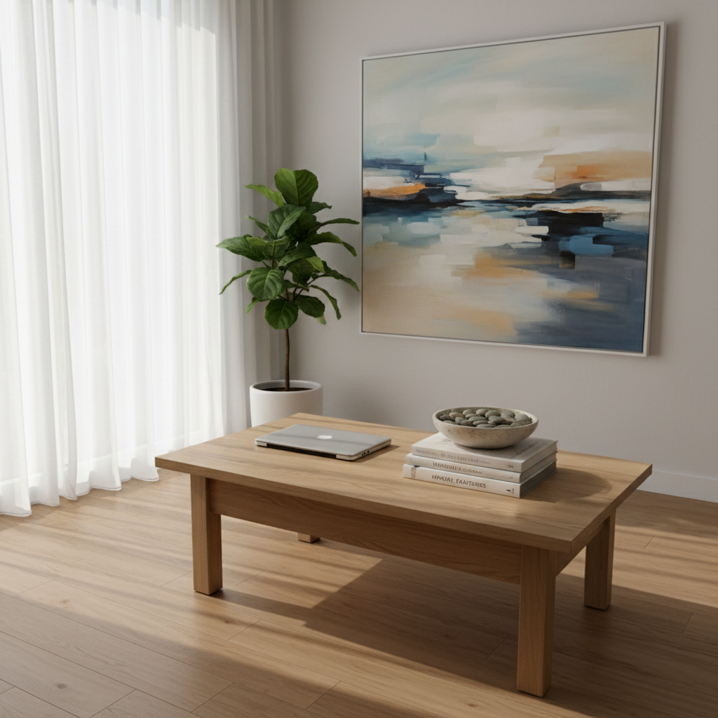 A serene corner of a contemporary workspace featuring a low, light-oak coffee table with a single, carefully balanced stack of business books, a closed laptop, and a ceramic bowl filled with smooth river stones arranged in a harmonious pattern. Behind the table, a large abstract painting in muted blues and warm neutrals symbolizes balance and flow. Soft, diffused morning light enters through sheer curtains, creating a peaceful glow and delicate shadows on the matte wooden floor. Photographic realism, composed with the rule of thirds from a slightly elevated angle, emphasizing open space and calm. The mood is reflective and centered, evoking inner balance for entrepreneurs seeking harmony between business and personal life.