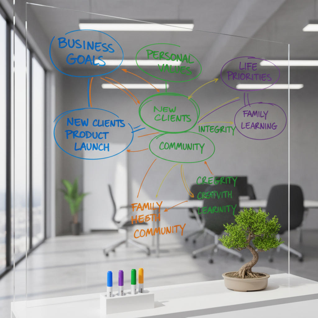 A large transparent glass board in a modern office, covered with a clear, structured mind map sketched in different colored markers, connecting business goals, personal values, and life priorities. At the base of the board rests a tidy row of color-coded marker pens and a small potted bonsai tree, its delicate leaves adding an organic contrast to the clean lines of the diagrams. The room is illuminated by bright but soft overhead lighting combined with natural daylight from a side window, producing crisp yet gentle shadows. Shot in photographic realism from a three-quarter angle, with sharp focus on the center of the board and a slightly blurred background. The atmosphere is analytical yet calm, conveying clarity, structure, and strategic reflection.
